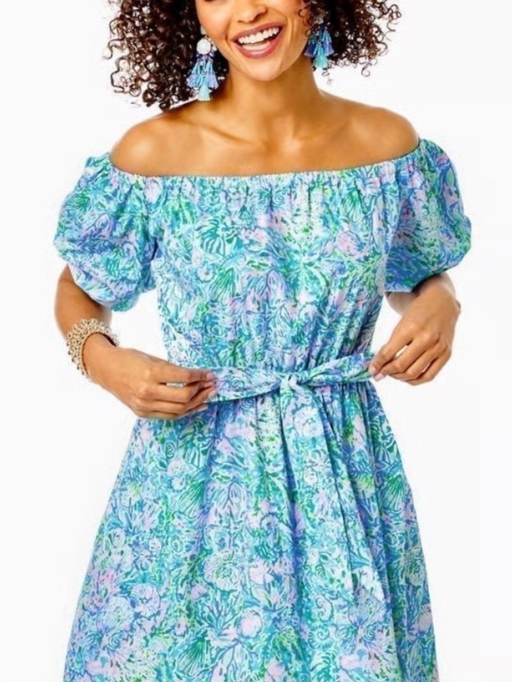 Lilly Pulitzer Tamie Off-the-Shoulder Midi Dress in Surf Blue Soleil it on Me